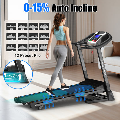Treadmills For Home, Electric Treadmill With  Automatic Incline, Foldable 3.5HP Workout Running Machine Walking, Double Running Board Shock Absorption Pulse Sensor Bluetooth Speaker APP FITSHOW.